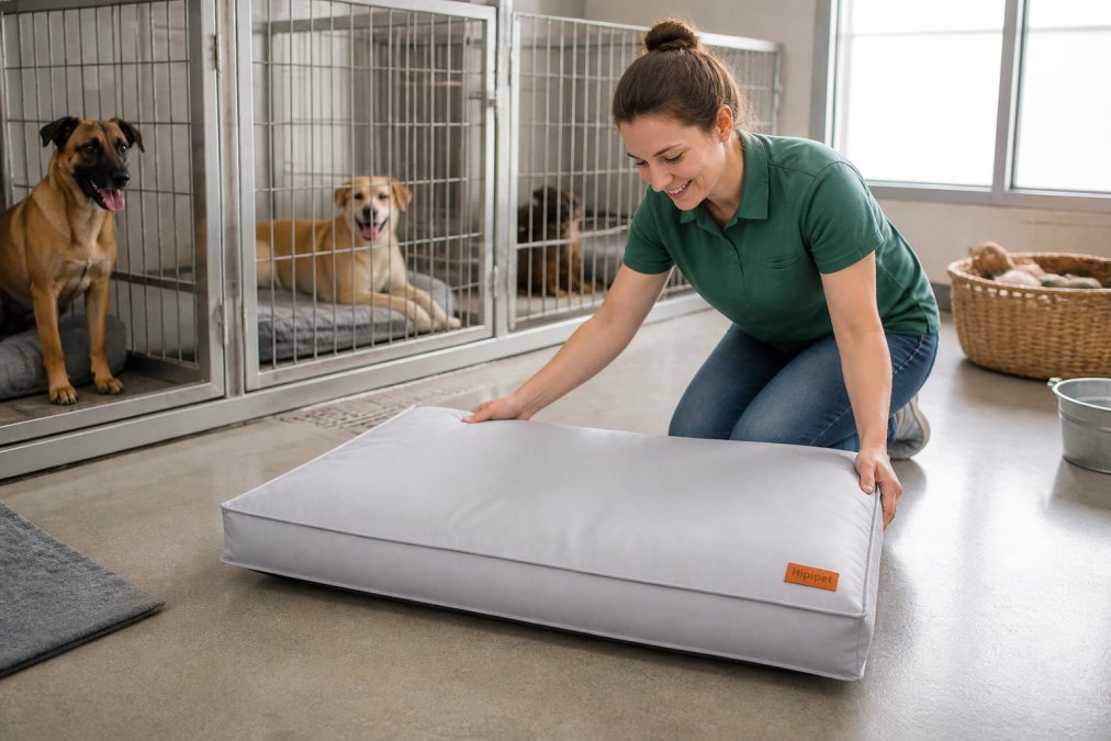 A volunteer at an animal shelter carefully arranging a clean, folded dog bed in a bright shelter environment with rescue dogs visible in the background
