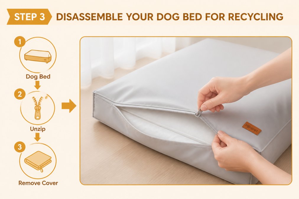 Close-up of hands carefully removing a zipper from a dog bed cover, showing the disassembly process with the bed laid flat on a work surface in natural daylight