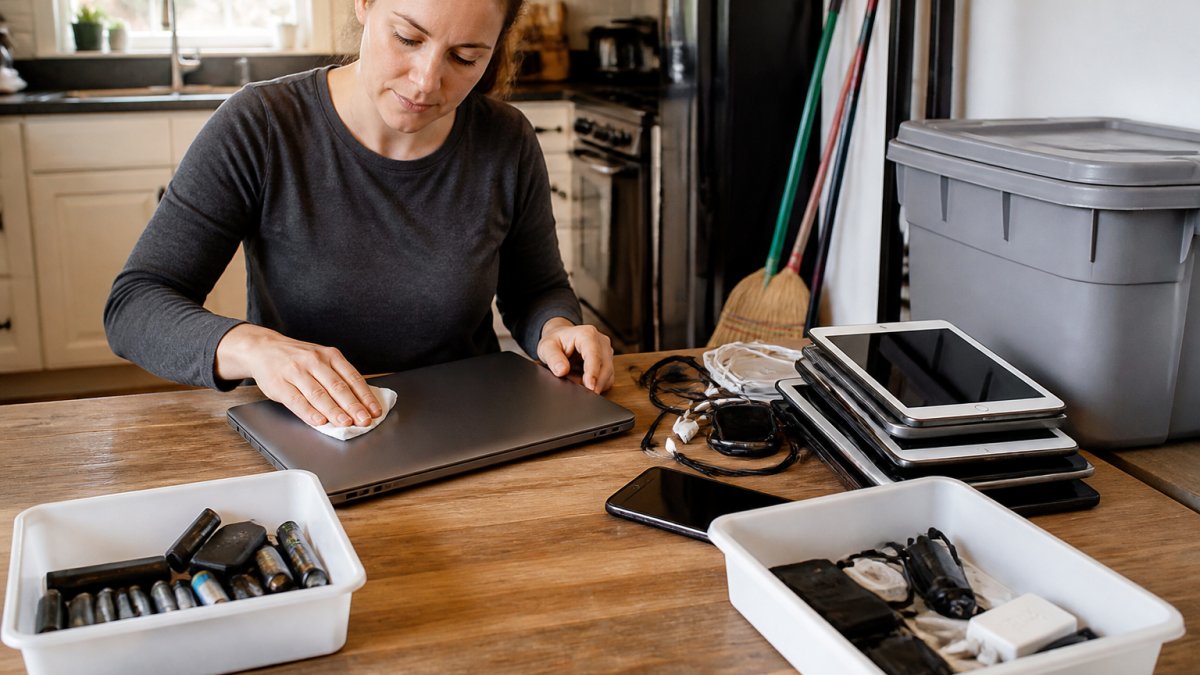 A homeowner at a kitchen table carefully wiping a laptop and unplugging cables from a stack of old phones and tablets, with labeled bins nearby for batteries and accessories