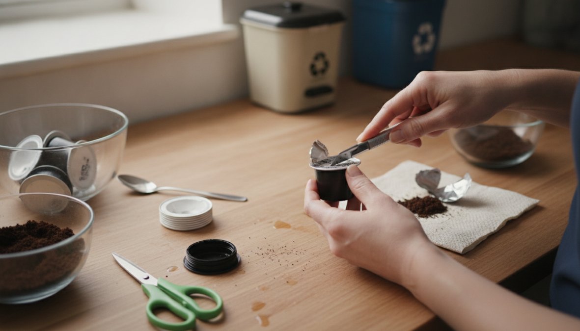 Hands carefully separating a plastic coffee pod into its aluminum foil lid, plastic shell, and filter paper components on a clean kitchen counter with morning sunlight