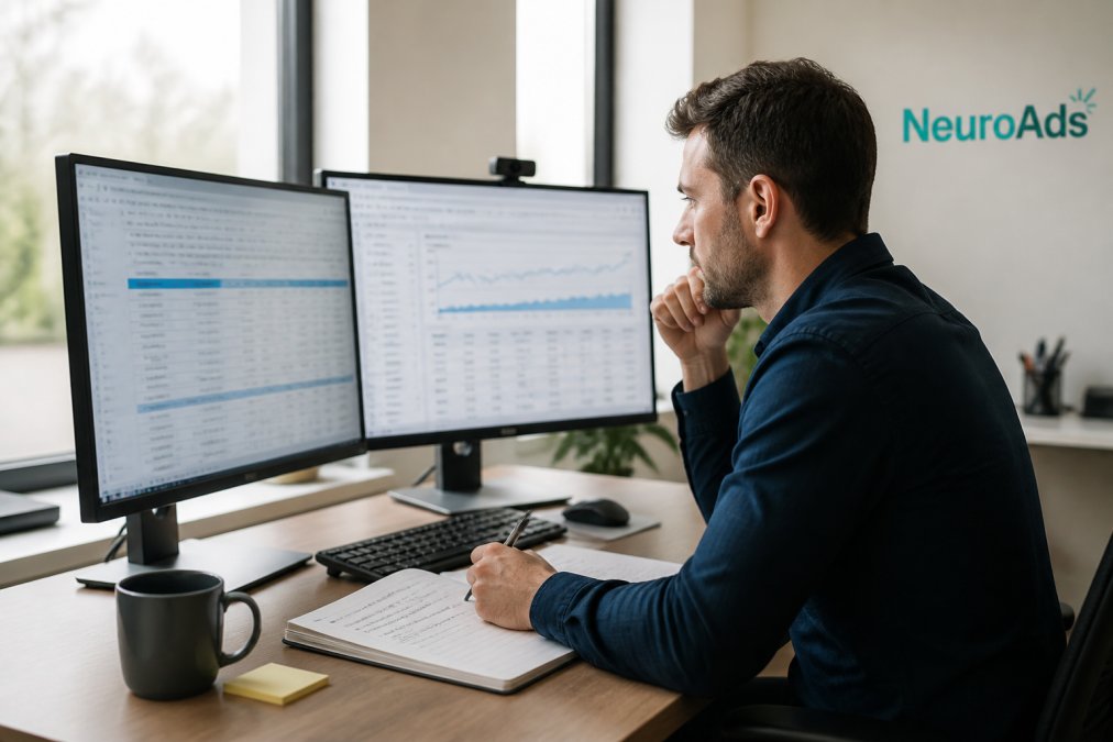 Marketing manager reviewing campaign data on dual monitors in a modern office, analyzing audit findings and taking detailed notes on performance metrics