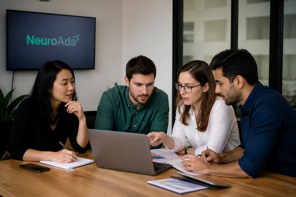 Team of marketers collaborating around a table with laptop, analyzing campaign performance dashboards and optimization results with real-time data visible on screens