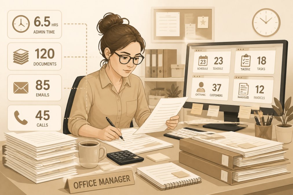 Office manager at a desk surrounded by paperwork, files, and a computer showing multiple open windows, looking focused while reviewing documents under bright office lighting