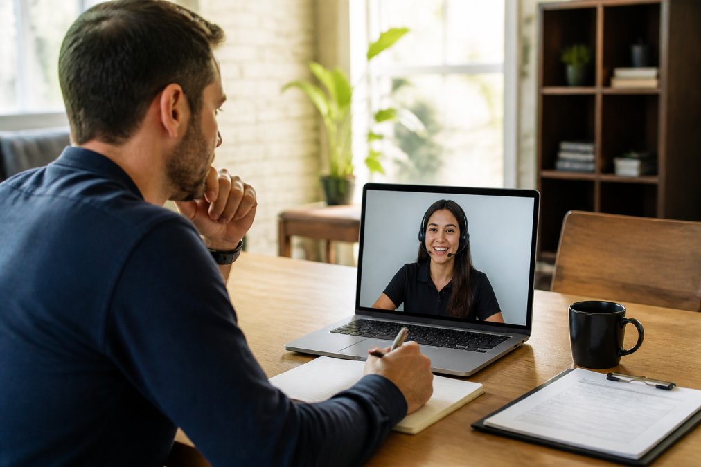 Home services business owner on a video call with a virtual team member visible on a laptop screen, both appearing focused and professional in a bright office setting with natural lighting