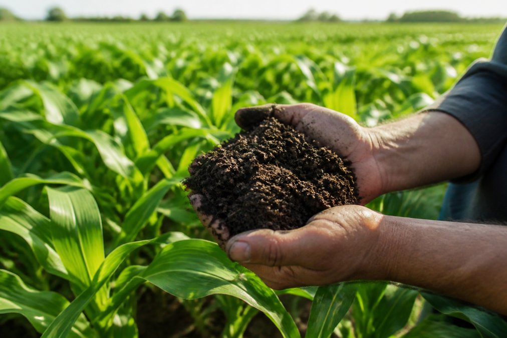 Farmer's hands examining dark, crumbly soil with healthy green crop plants visible in background of field, natural daylight