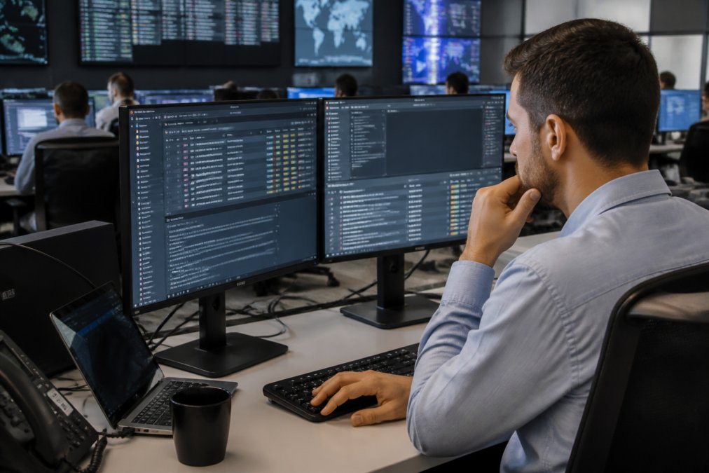 SOC analyst reviewing an enriched alert dashboard showing automated context (asset info, threat intel, user behavior, past incidents) alongside escalation reasoning, with analyst providing feedback that trains the system
