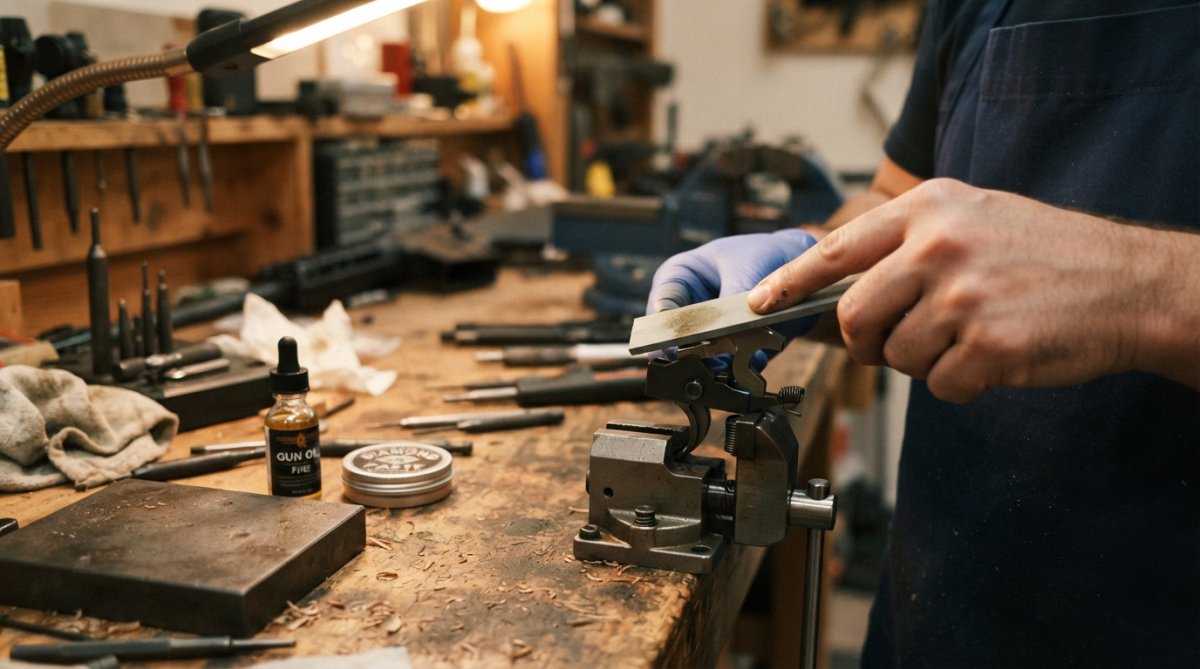 Close-up of a gunsmith's hands using a fine Arkansas stone to polish the sear engagement surface of an AR-15 trigger, with a surface plate, oil bottle, and polishing compound visible on a wooden workbench under warm task lighting