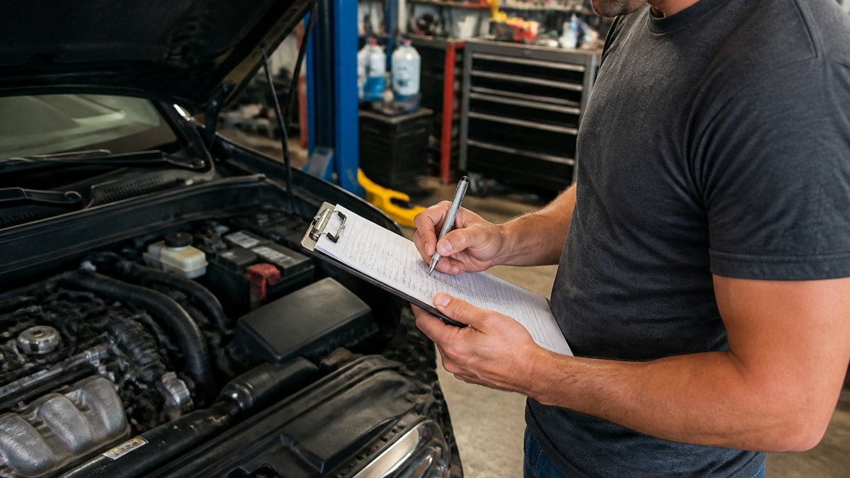 Vehicle owner writing down symptoms and maintenance history on a clipboard next to their car before dropping it off at the service center
