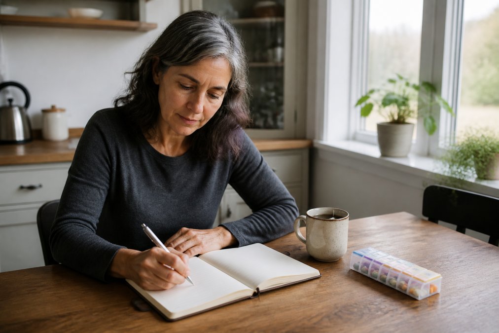 A woman in her fifties sitting at a kitchen table writing in a symptom journal next to a pill organizer and a mug of tea, soft morning light through the window