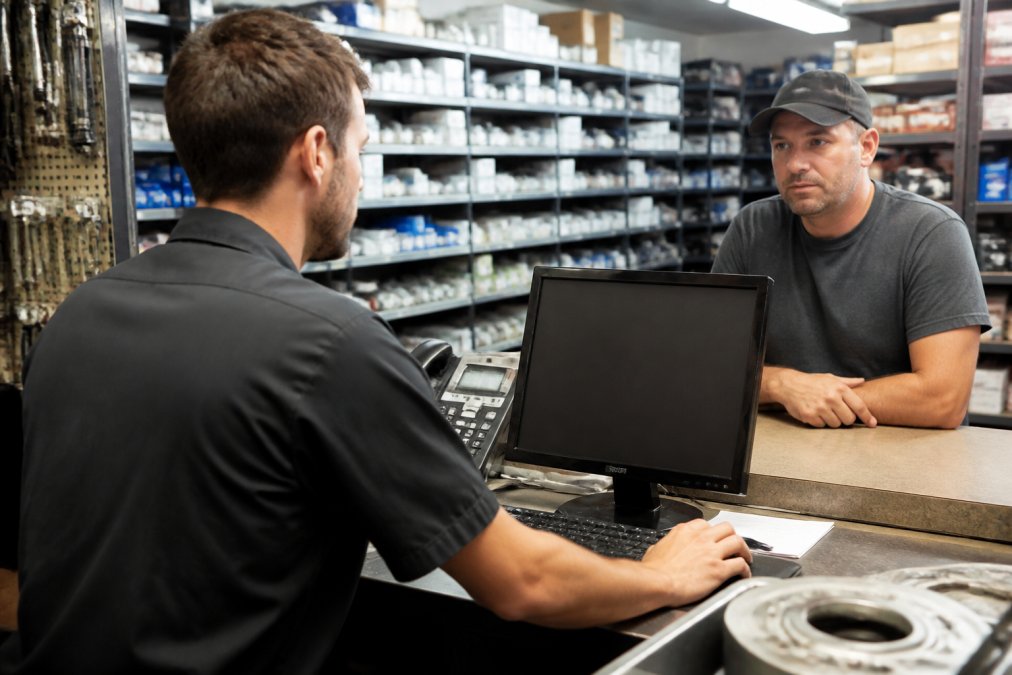 A parts counter professional using a computer to check fitment data while a customer waits, with shelves of auto parts in the background