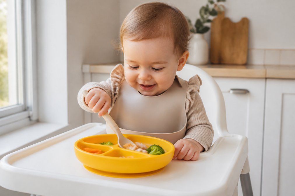 A happy baby in a white high chair using a bright yellow silicone suction plate with deep walls, attempting to scoop food with a small spoon without tipping the plate, natural daylight from a nearby window, clean kitchen background