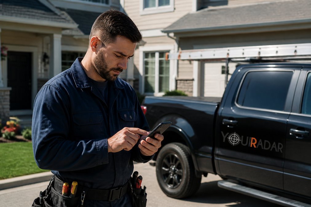 Field technician in work uniform using a mobile device to log time on a residential job site, with a service truck and house visible in the background, natural daylight