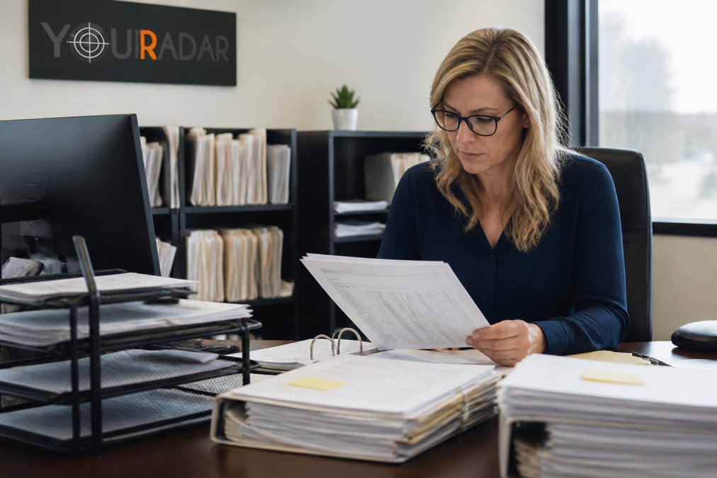 Office manager at a desk reviewing printed job invoices and documentation with a computer and organized filing system visible, professional office lighting