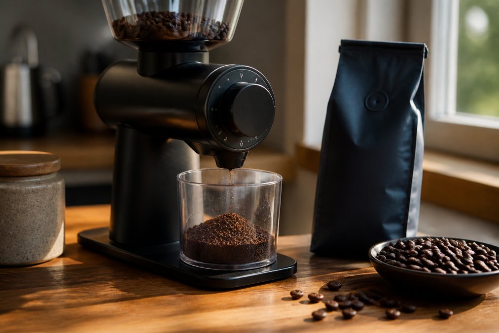 Coarse coffee grounds in a burr grinder next to whole beans on a wooden kitchen counter in morning sunlight