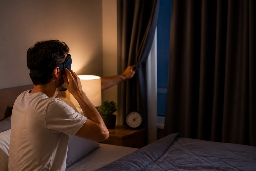 A person adjusting a sleep mask and blackout curtains in a calm, dimly lit bedroom, with a bedside clock showing a consistent bedtime