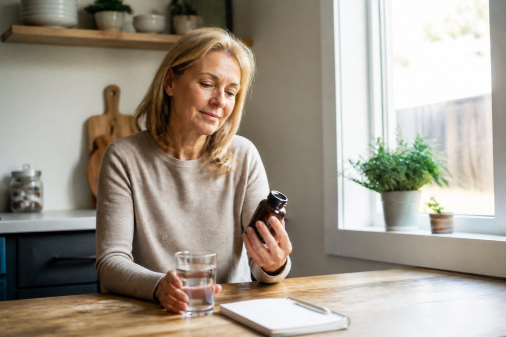 Woman in her 50s taking supplements to reduce brain fog during menopause in a sunlit kitchen with a notebook.
