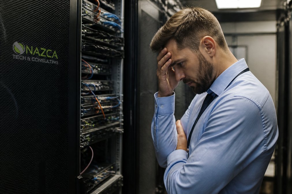 IT manager looking stressed while monitoring multiple computer screens displaying server alerts and error messages in a data center environment with red warning indicators
