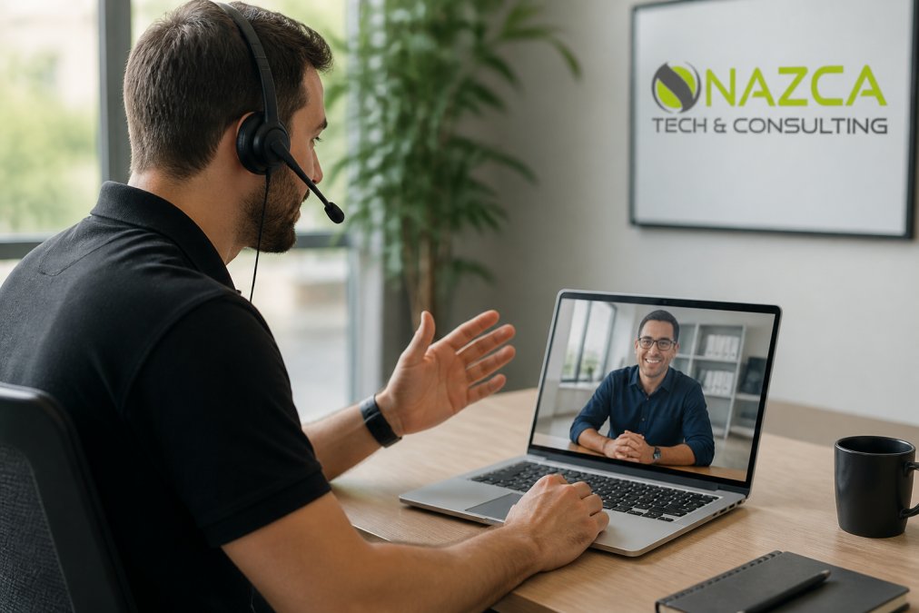 Professional IT technician wearing headset assisting a business client through video call on laptop, demonstrating remote support and collaboration in modern office setting with natural lighting