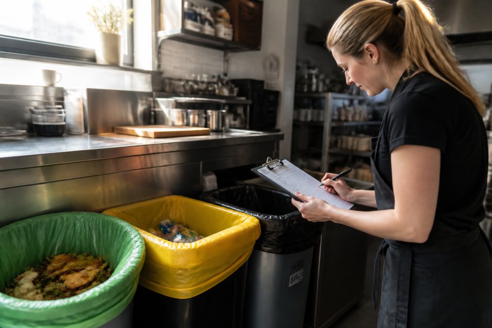 Cafe manager examining different waste bins (compost, recycling, general waste) with clipboard and notepad, taking detailed notes during a systematic waste audit in morning sunlight