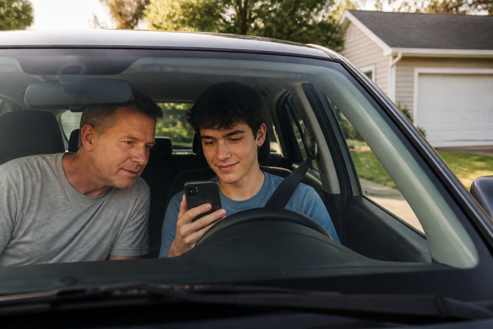 A teenager in the driver's seat holding a smartphone showing a driving score screen while a parent leans in from the passenger side to look at it, parked car in a suburban driveway, late afternoon light