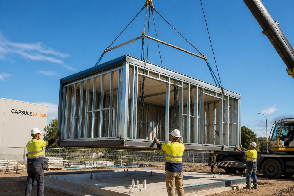 A steel-framed modular home module being lifted by a crane onto a prepared site, workers in high-visibility gear guiding it into place, clear blue sky