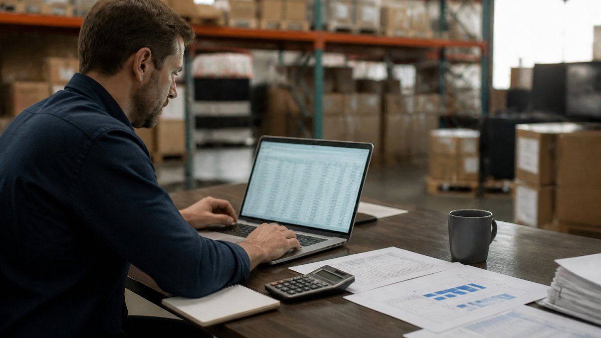 An operations manager at a desk reviewing inventory spreadsheets on a laptop, with printed reports and a calculator nearby in a warehouse office