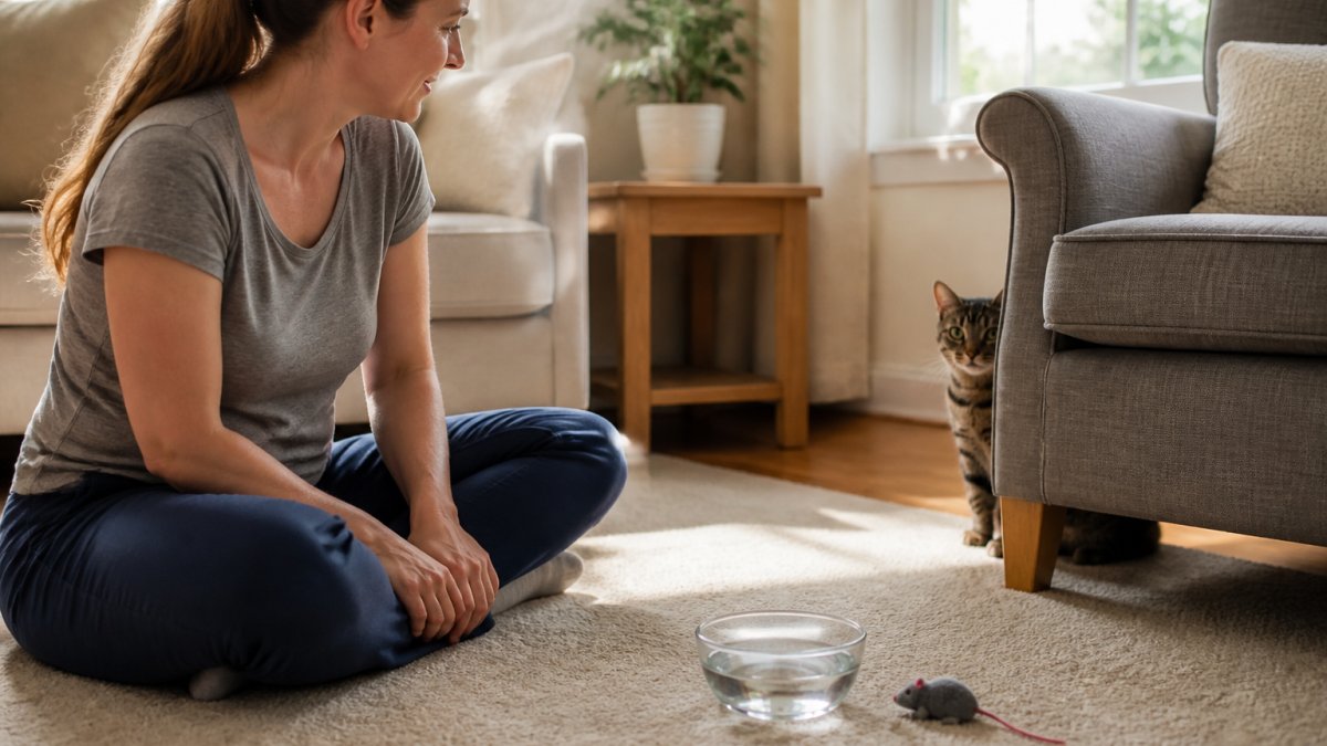 A pet sitter sitting quietly on the floor of a sunlit living room, letting a shy tabby cat peek out from behind an armchair, with a bowl of fresh water and a toy mouse nearby