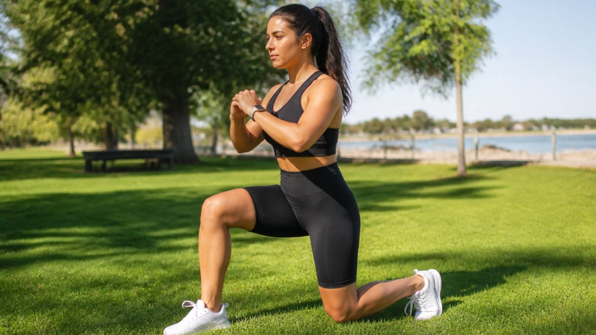 Woman performing a lunge exercise outdoors in bright natural light, showing proper form with engaged leg and glute muscles, wearing athletic clothing in a park setting