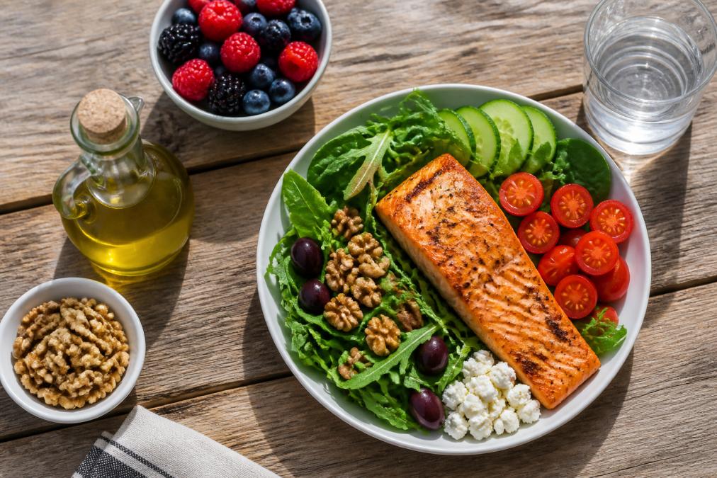 A colorful overhead shot of a Mediterranean-style meal on a wooden table: grilled salmon, leafy greens, cherry tomatoes, olive oil, walnuts, and a bowl of berries, with a glass of water nearby in natural daylight