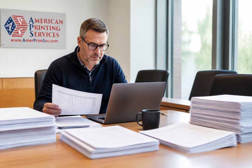 Operations manager reviewing printed reports and a laptop dashboard at a conference table, surrounded by stacks of printed documents in a well-lit modern conference room