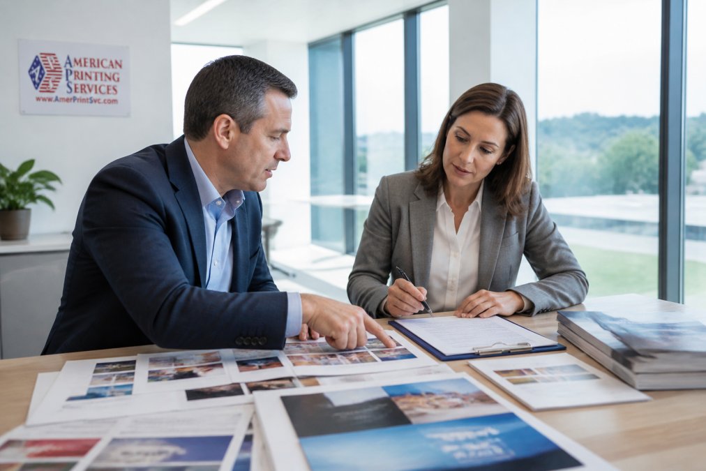 Procurement officer speaking with a print vendor representative in a modern office, both reviewing printed samples and a contract on a large table, with natural daylight coming through floor-to-ceiling windows