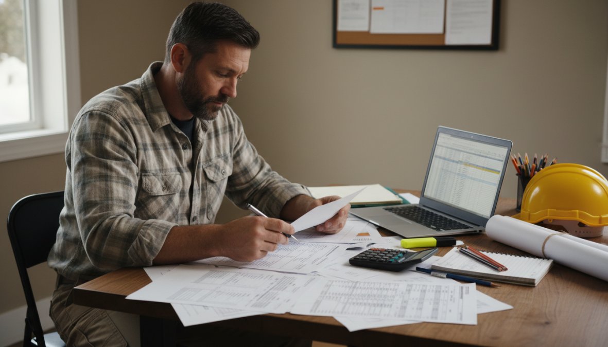 A contractor sitting at a desk reviewing printed financial statements and a laptop showing a spreadsheet, with a hard hat and rolled blueprints resting on the table nearby, warm office lighting