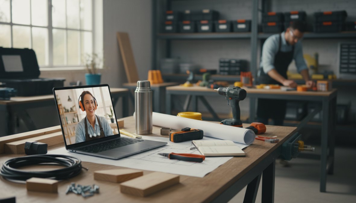 A home services business owner on a video call with a remote team member, both looking at a shared screen showing scheduling software, in a tidy home office with a hard hat and contractor documents visible on a shelf in the background