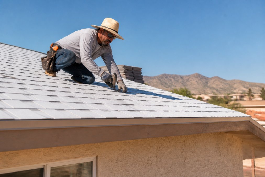 A roofing contractor in a wide-brimmed hat installing light-colored reflective shingles on a sloped roof under bright desert sunlight, with a stucco home exterior visible below
