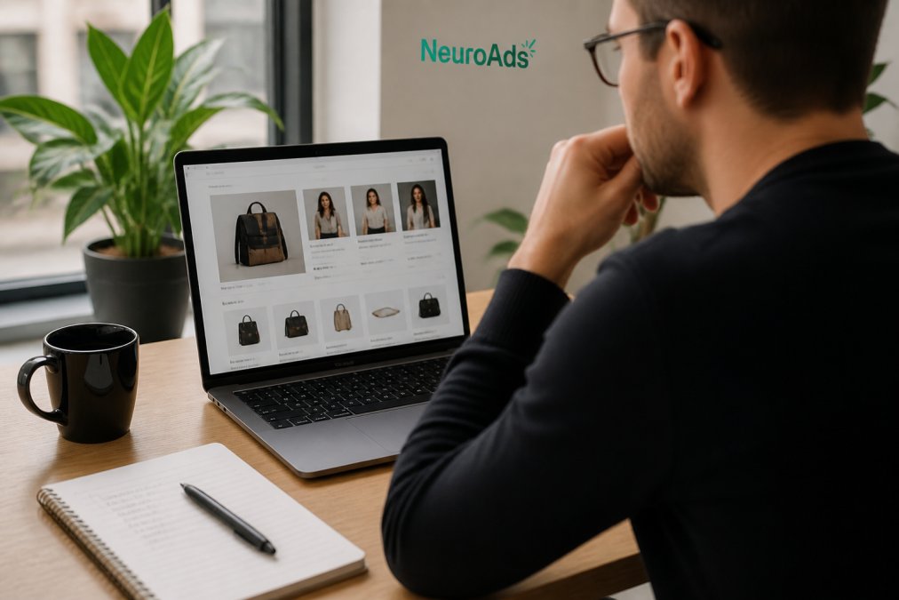A marketer reviewing a Shopify storefront on a laptop screen in a bright modern office, with a notepad and coffee nearby