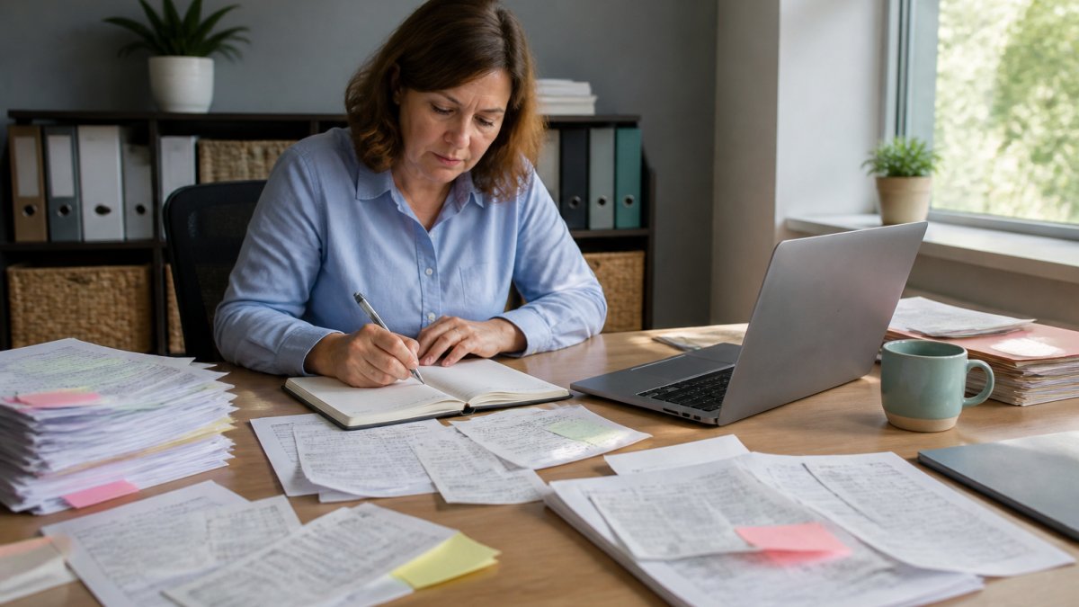 A small business owner at a desk covered in paper invoices and sticky notes, logging tasks in a notebook with a laptop open beside them in a bright office