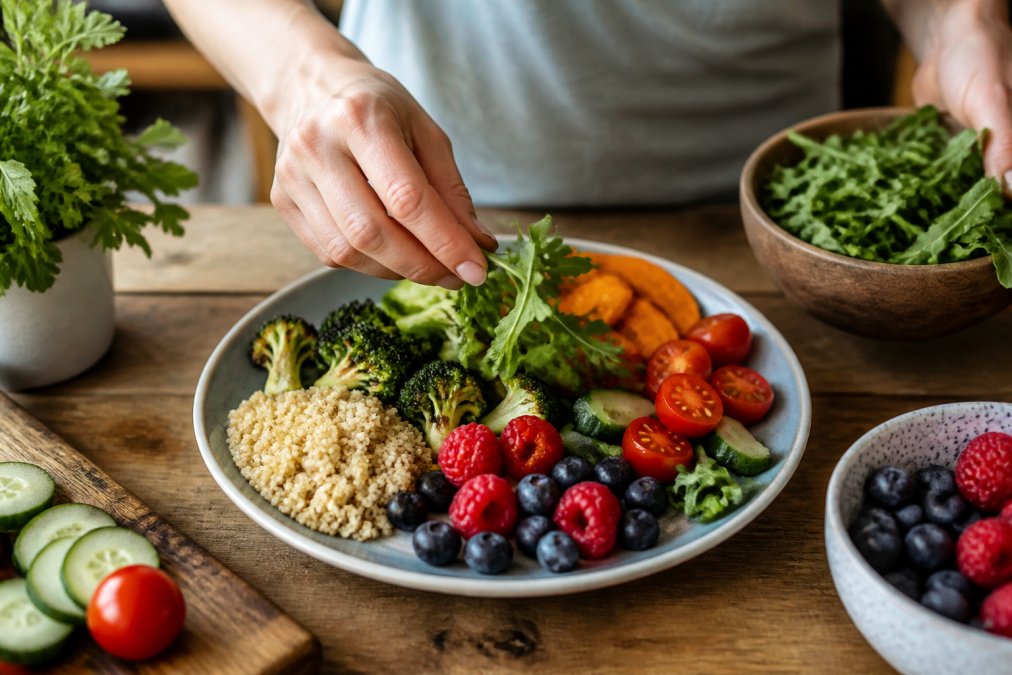 Close-up of a colorful plate with fresh vegetables, whole grains, and berries arranged on a wooden table, hands visible preparing a healthy meal in natural kitchen lighting