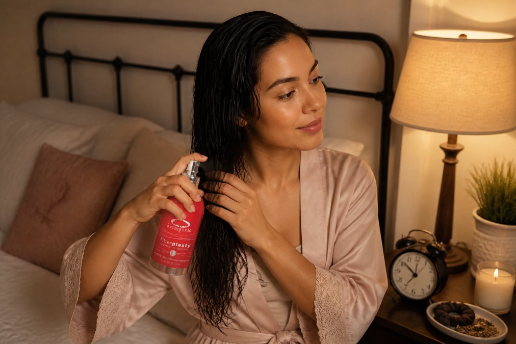 Person applying overnight styling product to damp hair before bed, setting hair in a braid or twist for next-day waves, warm bedroom lighting
