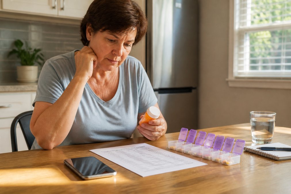 A middle-aged adult sitting at a kitchen table with a pill organizer, a printed medication list, and a smartphone showing a reminder alarm, reviewing prescriptions in natural morning light