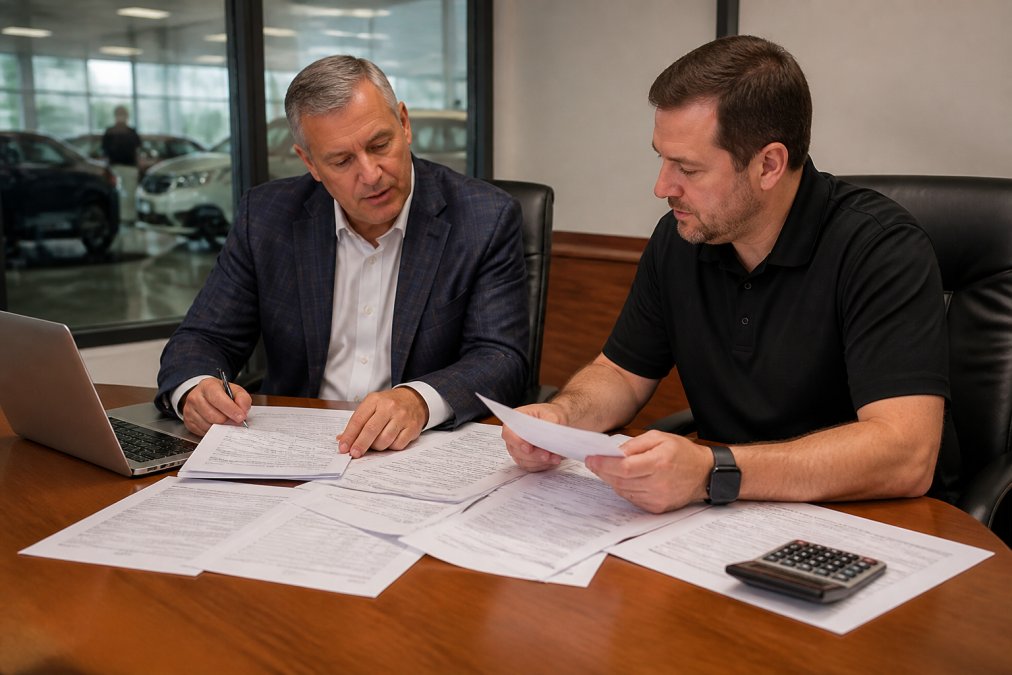 A dealership general manager and an outside consultant reviewing vendor invoices and contract documents spread across a conference table in a dealership back office, with a laptop open and a calculator nearby