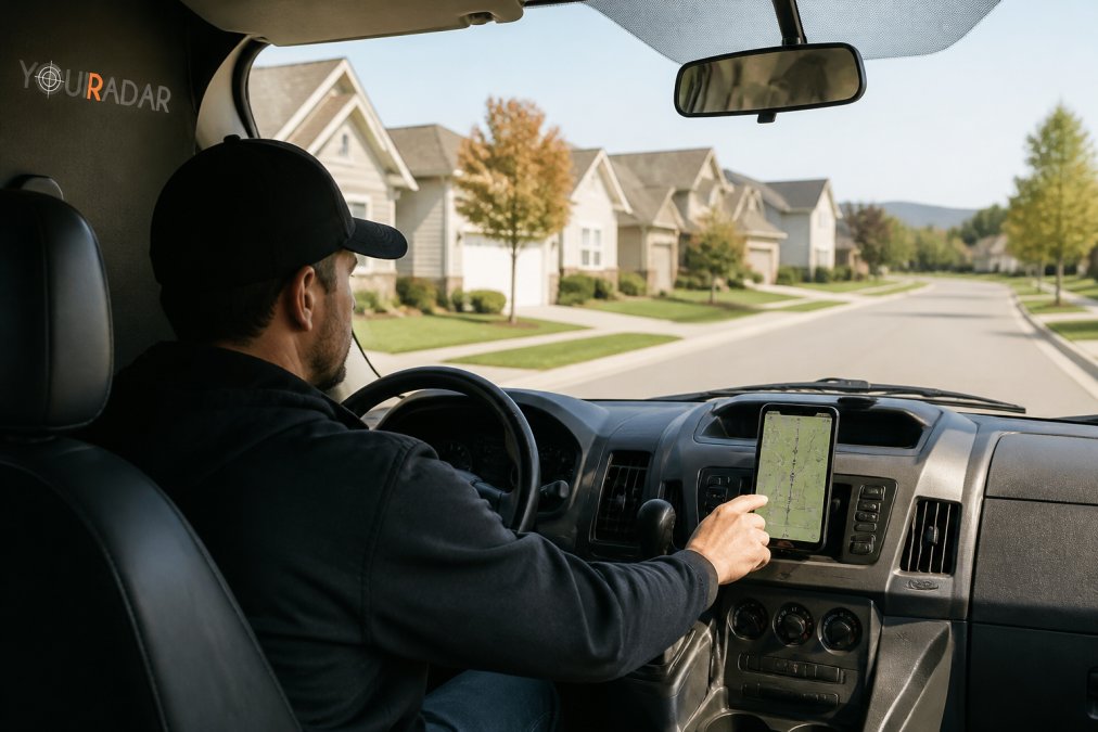 Service technician in a work van reviewing a route map on a mobile device mounted on the dashboard, with residential houses visible through the windshield