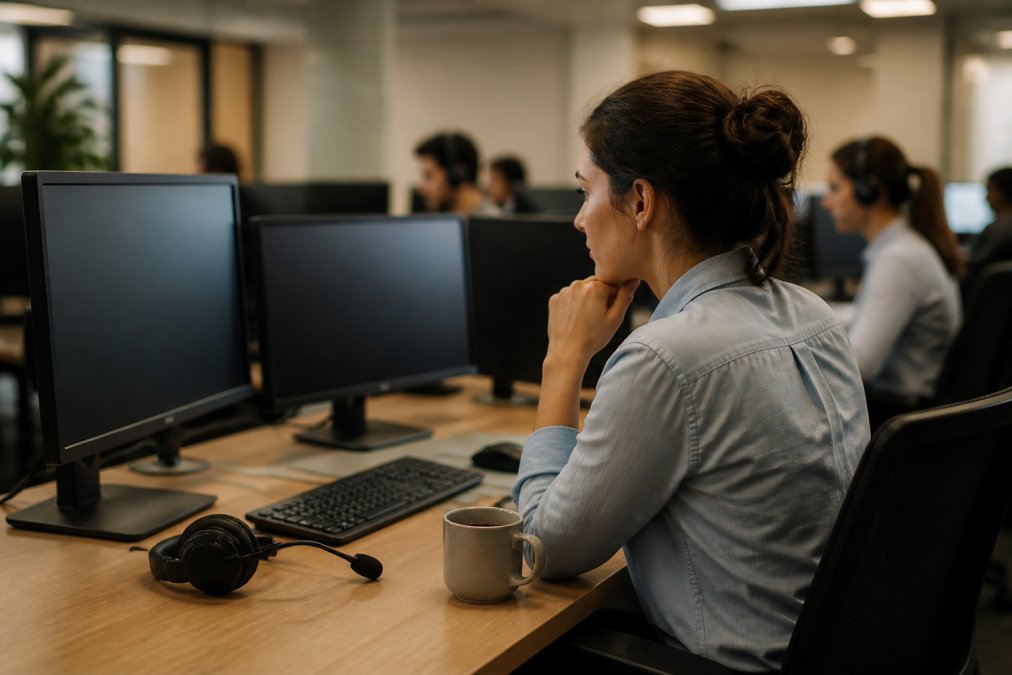 Customer service representative monitoring AI chatbot conversations on multiple screens in a modern support center, with headset nearby and coffee on desk