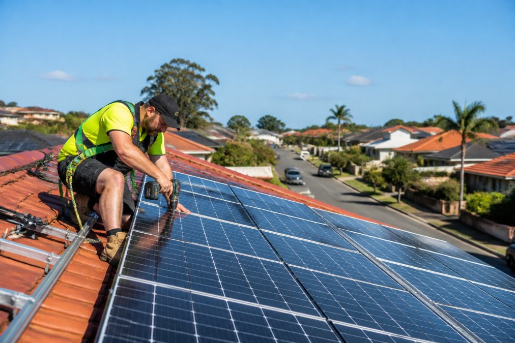 A CEC-accredited installer in a high-visibility vest fitting solar panels on a residential rooftop on a clear sunny day in a suburban Australian neighbourhood, with terracotta roof tiles and blue sky visible behind the panels