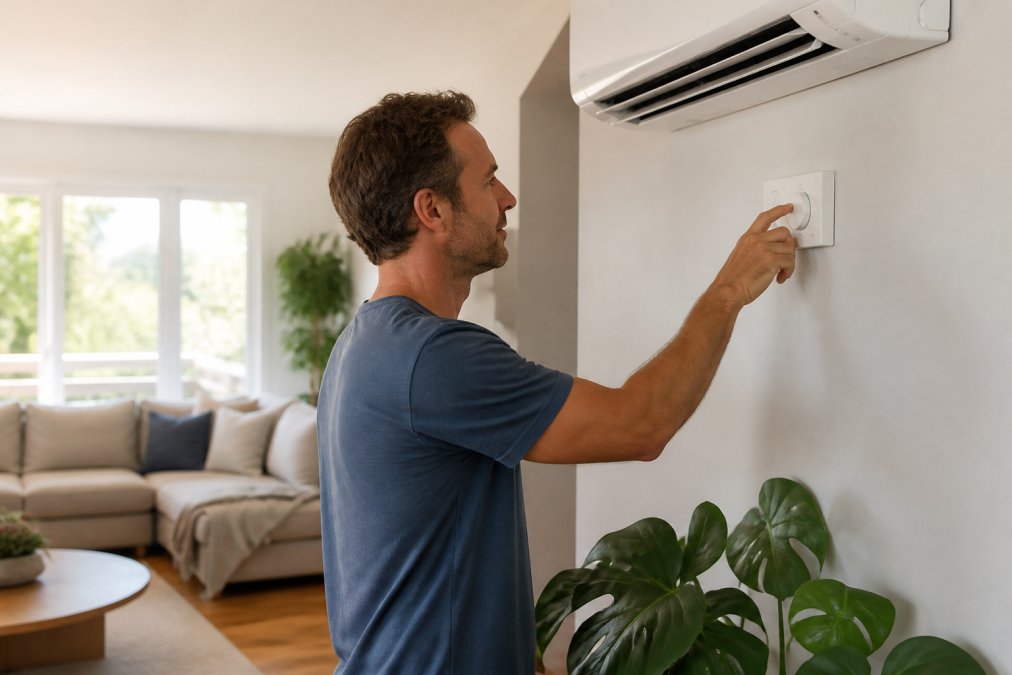 A homeowner in casual clothing adjusting the thermostat dial on a reverse cycle air conditioning unit mounted on an interior wall, with warm natural light coming through large windows in a well-furnished Australian living room