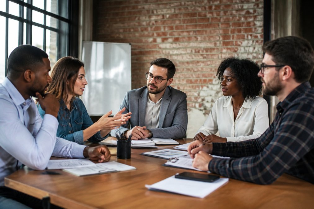 A diverse team of employees having a focused discussion around a conference table with laptops and notepads, demonstrating active workplace communication and engagement