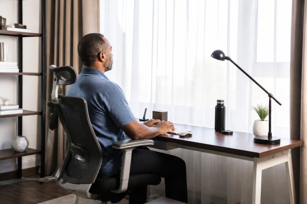A professional working at a well-organized home desk setup with dual monitors, ergonomic chair, and minimal distractions, showing an optimized remote work environment