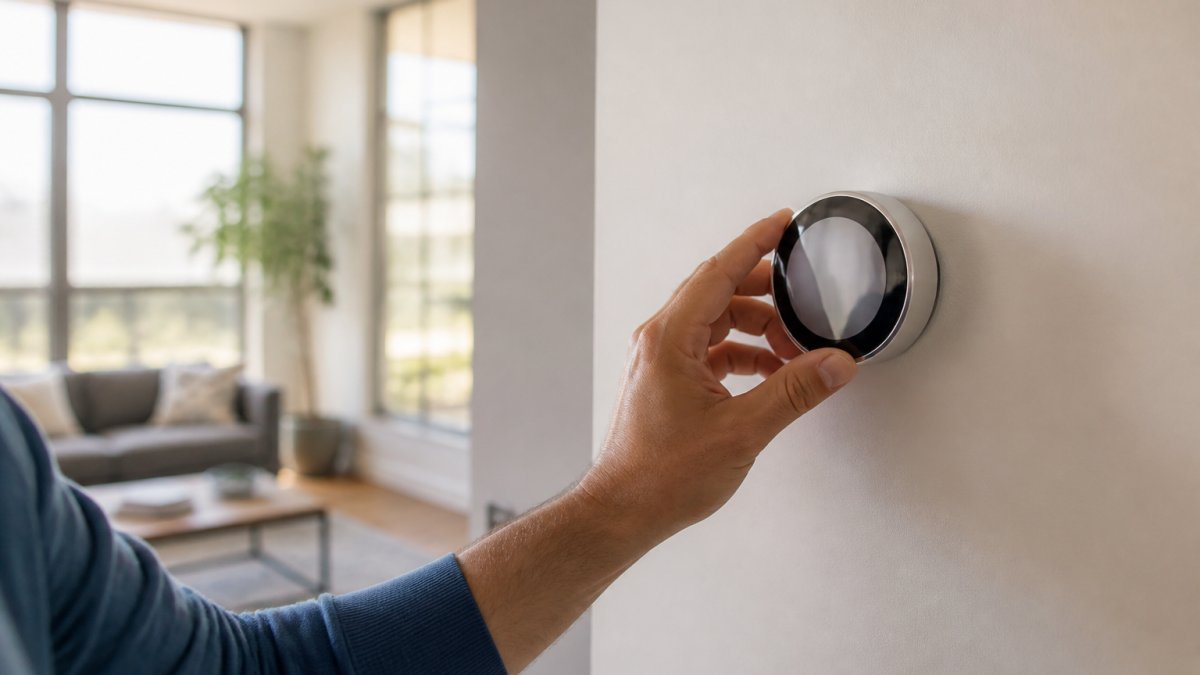 Homeowner's hand adjusting a smart thermostat mounted on a modern living room wall with soft natural light from nearby windows