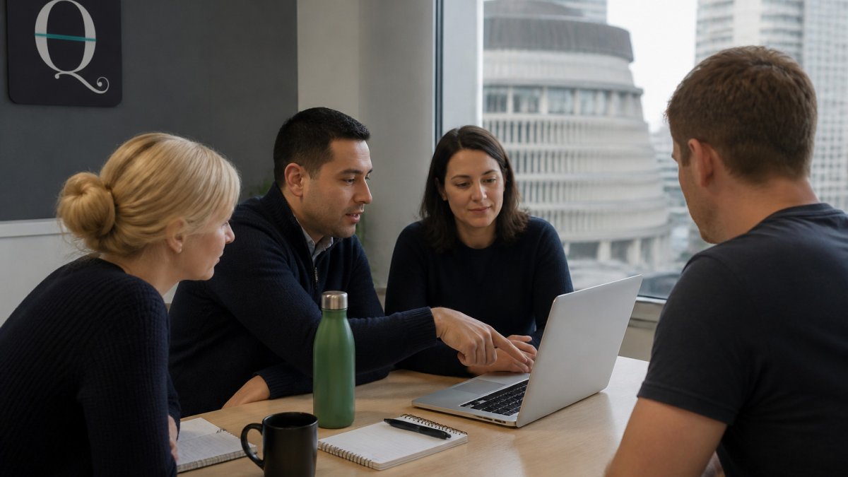 Staff in a New Zealand office during an ERP implementation risks training session while viewing a laptop screen