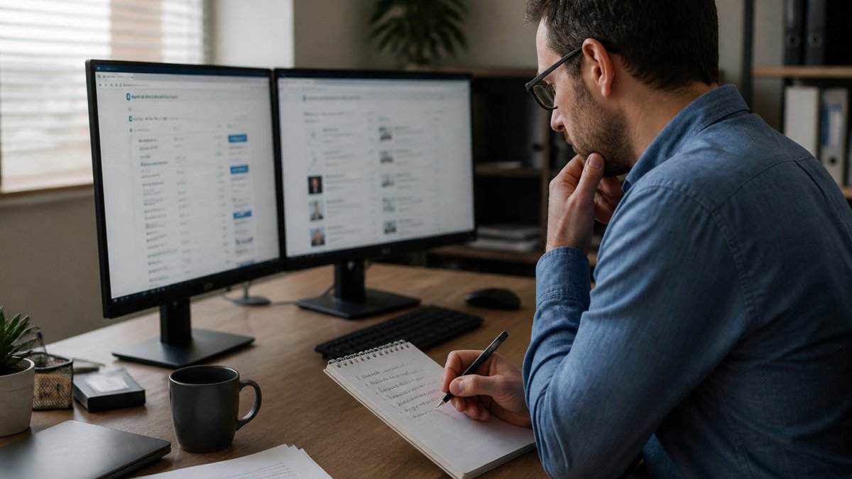 Professional at desk with multiple monitors displaying search results and data broker websites, holding notepad with personal information notes, natural office lighting