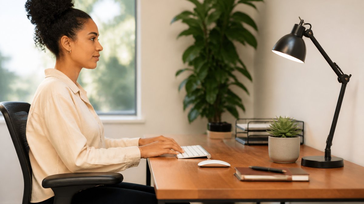 Professional sitting at desk with monitor positioned at arm's length away, eyes level with top of screen, natural daylight and desk lamp providing even lighting